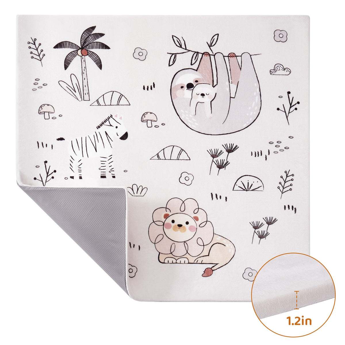 ROBUD baby play mat showing two panels side by side, the white safari-print top surface and the grey breathable mesh backing, clean white studio product view