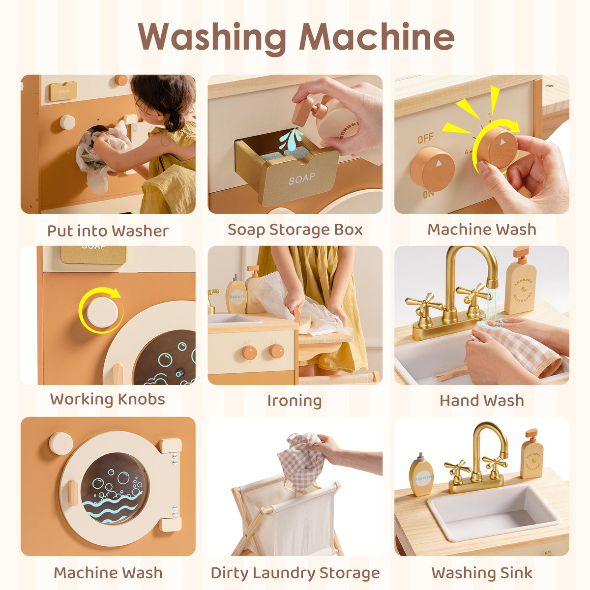 ROBUD Caramel Kids Kitchen Washing Machine feature panel showing put in washer, soap box, machine wash, knobs, ironing, hand wash and sink