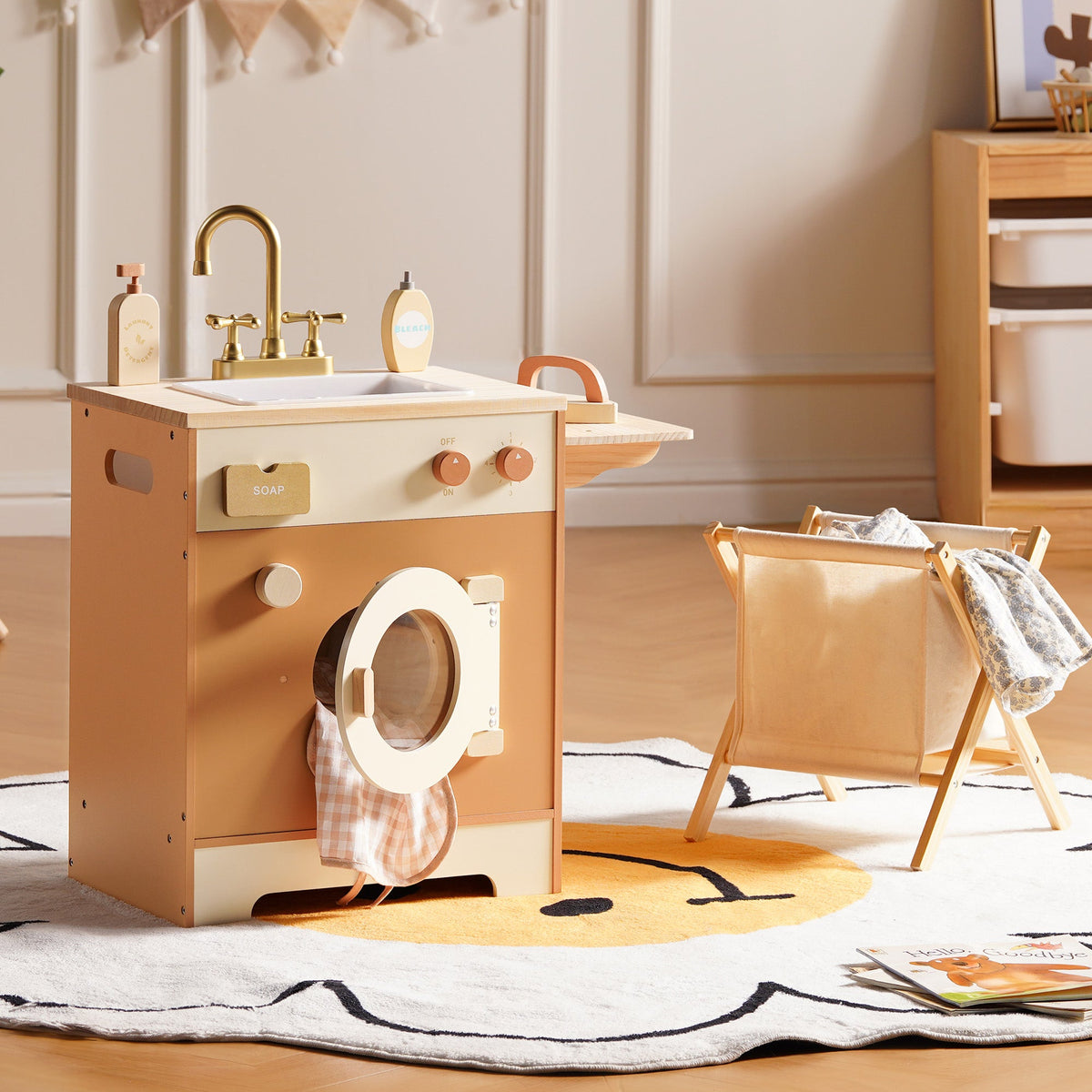 ROBUD Wooden Caramel Laundry Playset in a cozy nursery setting beside a toy basket on a round polka-dot rug
