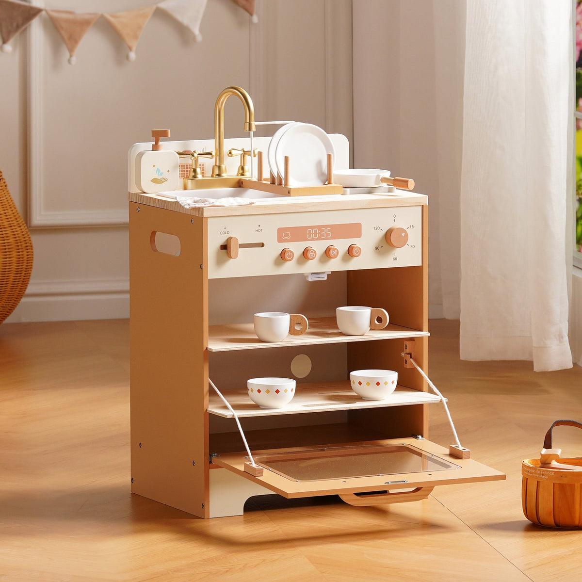 ROBUD Caramel Kids Dishwasher open view showing tiered rack with toy plates and utensils beside matching wooden kitchen furniture