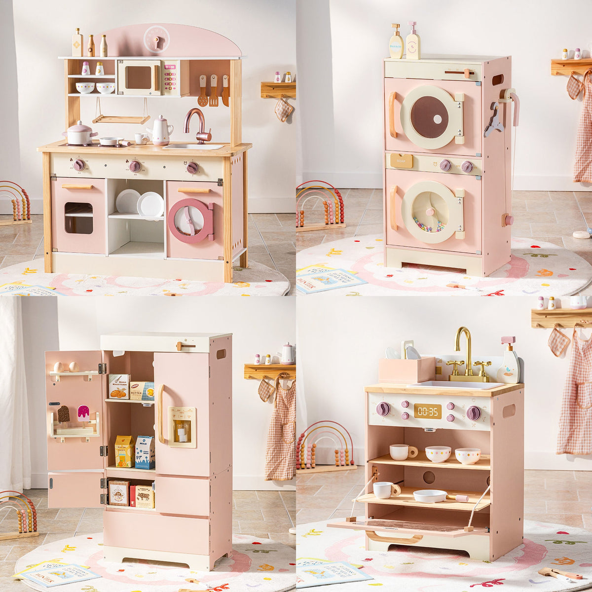 Four-module ROBUD Pink Wooden Kitchen PlaySet components shown side by side including kitchen station and washing machine