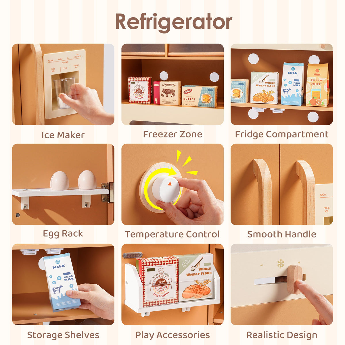 ROBUD Caramel Wooden Refrigerator feature panel showing ice maker, freezer zone, fridge compartment, egg rack, temperature and handle