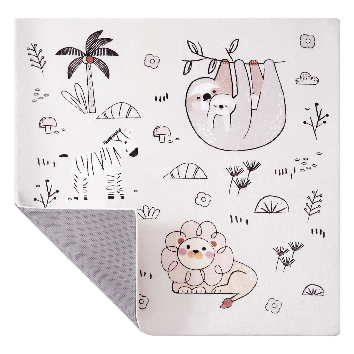 ROBUD baby play mat with safari animal print showing sloth, zebra and lion illustration, corner folded back to reveal grey non-slip underside, product size 50x50in indicated