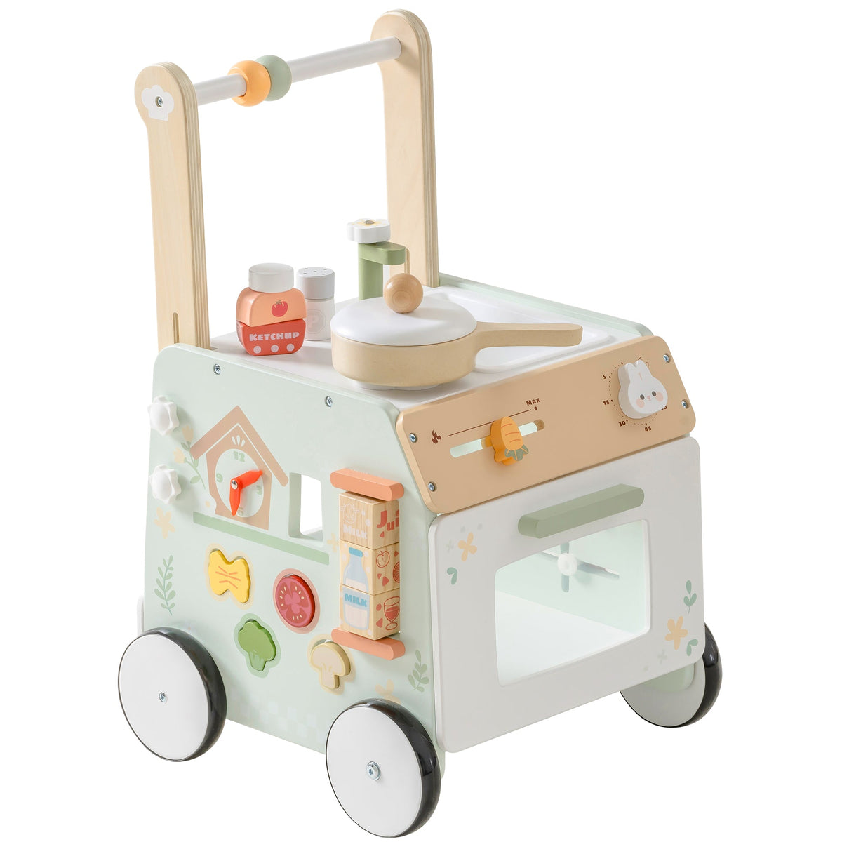 ROBUD Spring Countryside mint-green wooden baby push walker top-down view on a rug showing oven window, food accessories and bead rail with nearby plush animals