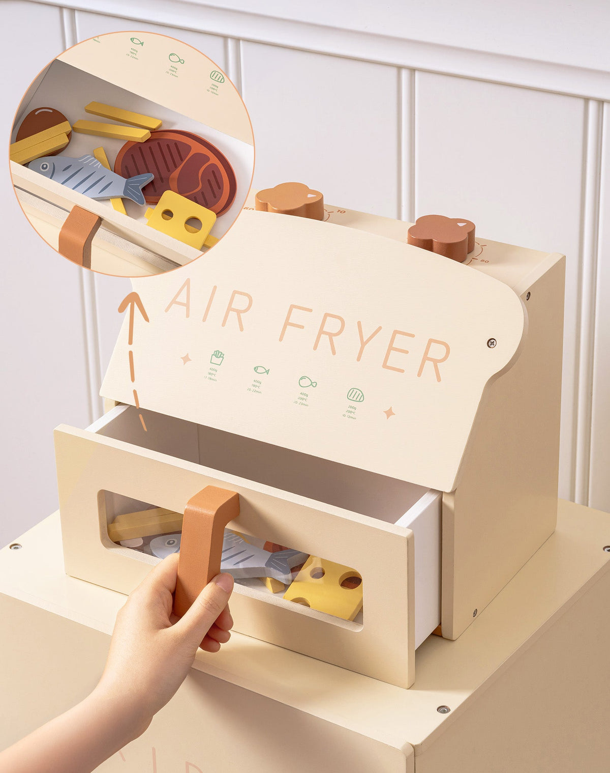 ROBUD creamy wooden play air fryer with lid open showing food accessories inside, close-up inset showing steak and cheese through the transparent oven window