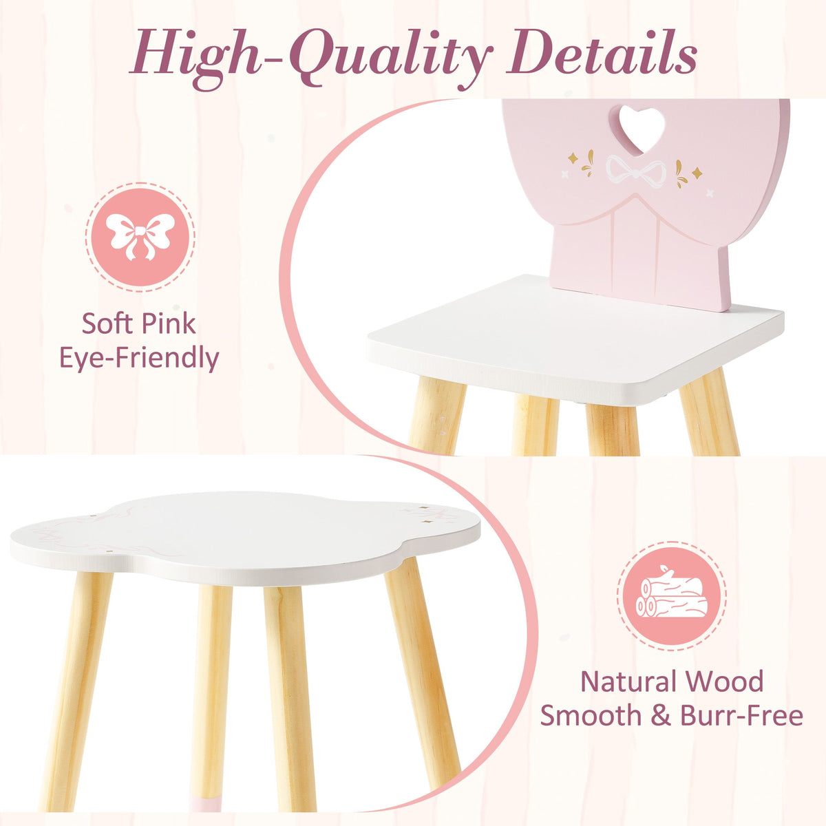 ROBUD doll chair and table close-up showing soft pink eye-friendly finish and smooth natural wood legs with burr-free edges
