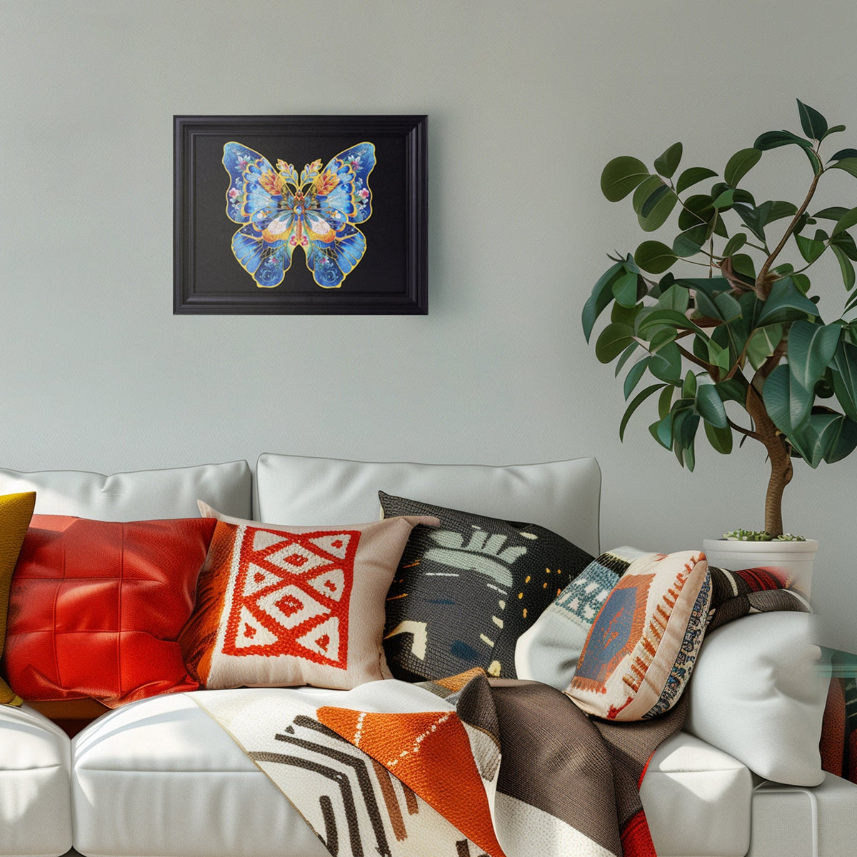Rowood Morpho Helena butterfly wooden puzzle displayed in a black frame on a living room wall above a patterned white sofa.