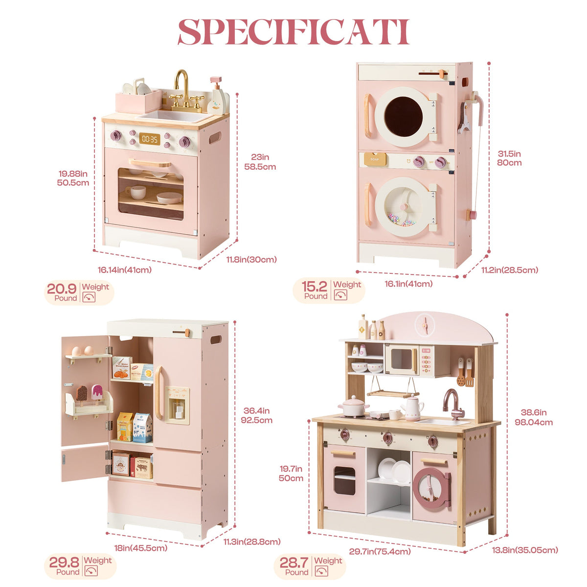 ROBUD Wooden Kids Kitchen PlaySet Pink specifications diagram showing four appliance modules with dimensions labeled
