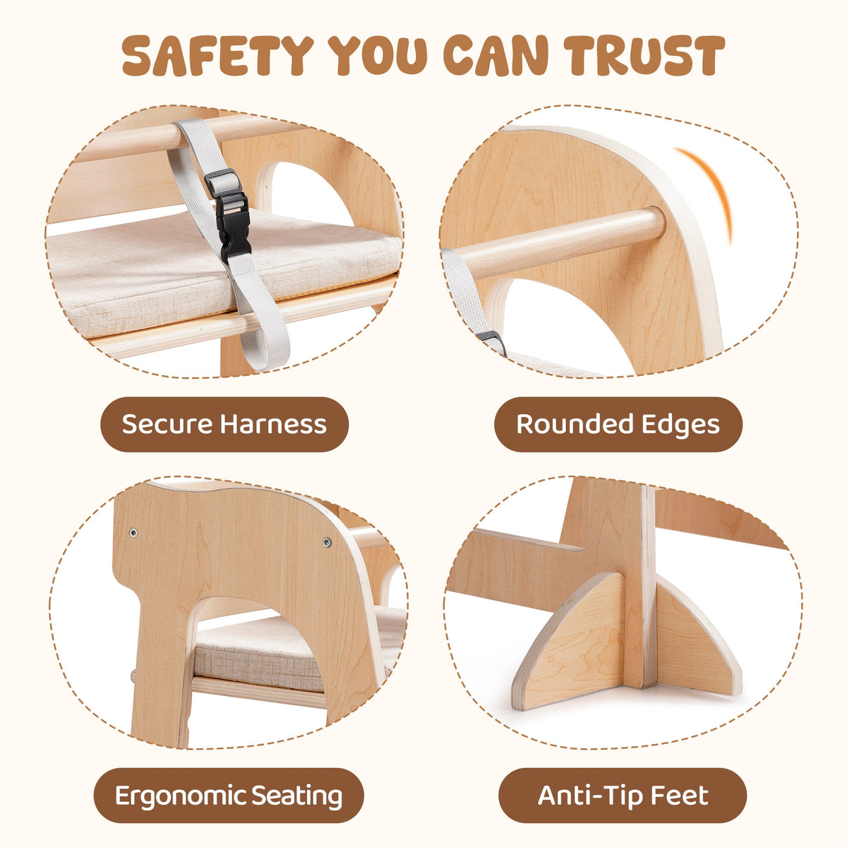 ROBUD wooden high chair safety feature callout with close-ups of secure harness rounded edges ergonomic seat and anti-tip feet.