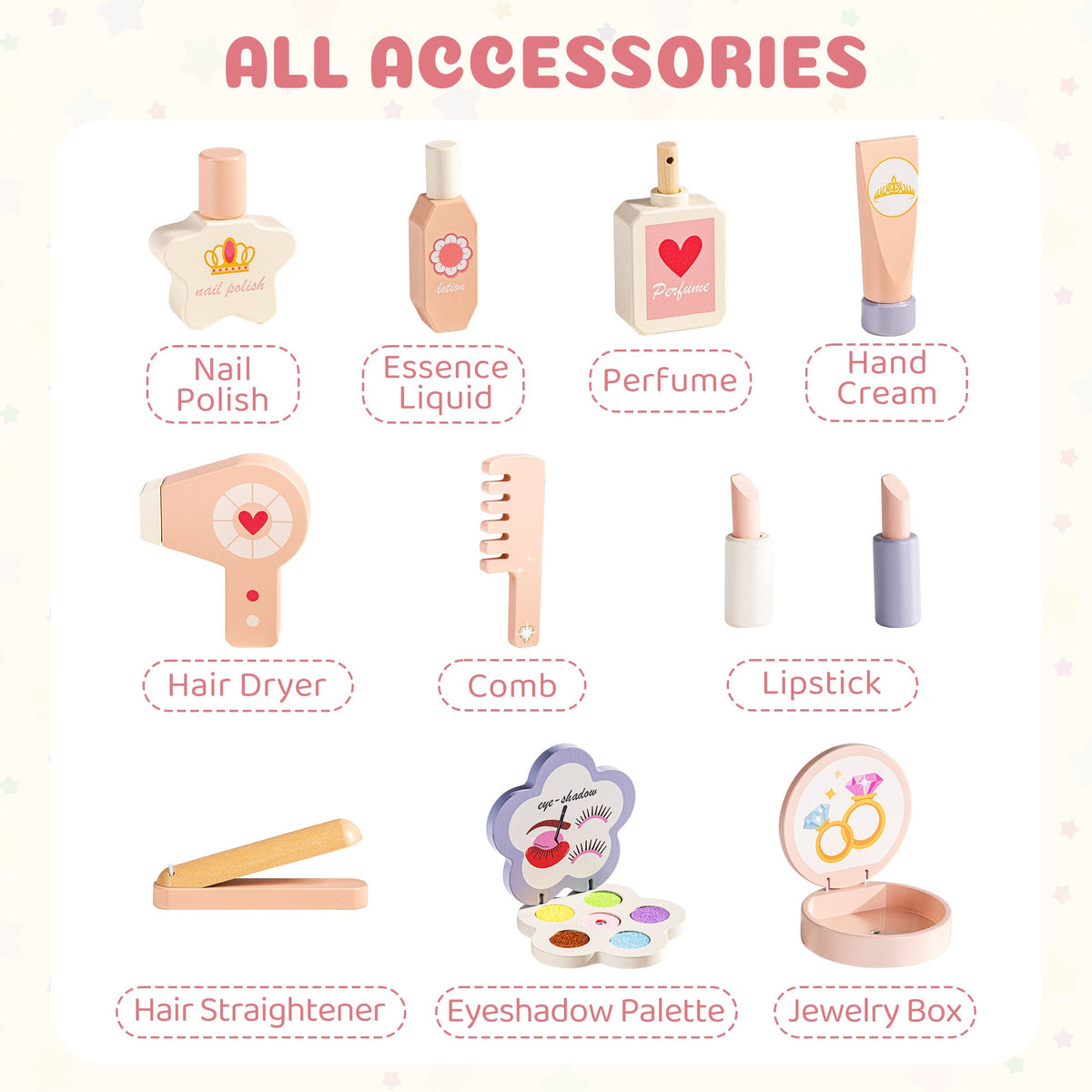 Flat lay of ROBUD wooden vanity accessories: nail polish, perfume, hand cream, comb, lipstick, eyeshadow, and jewelry box.