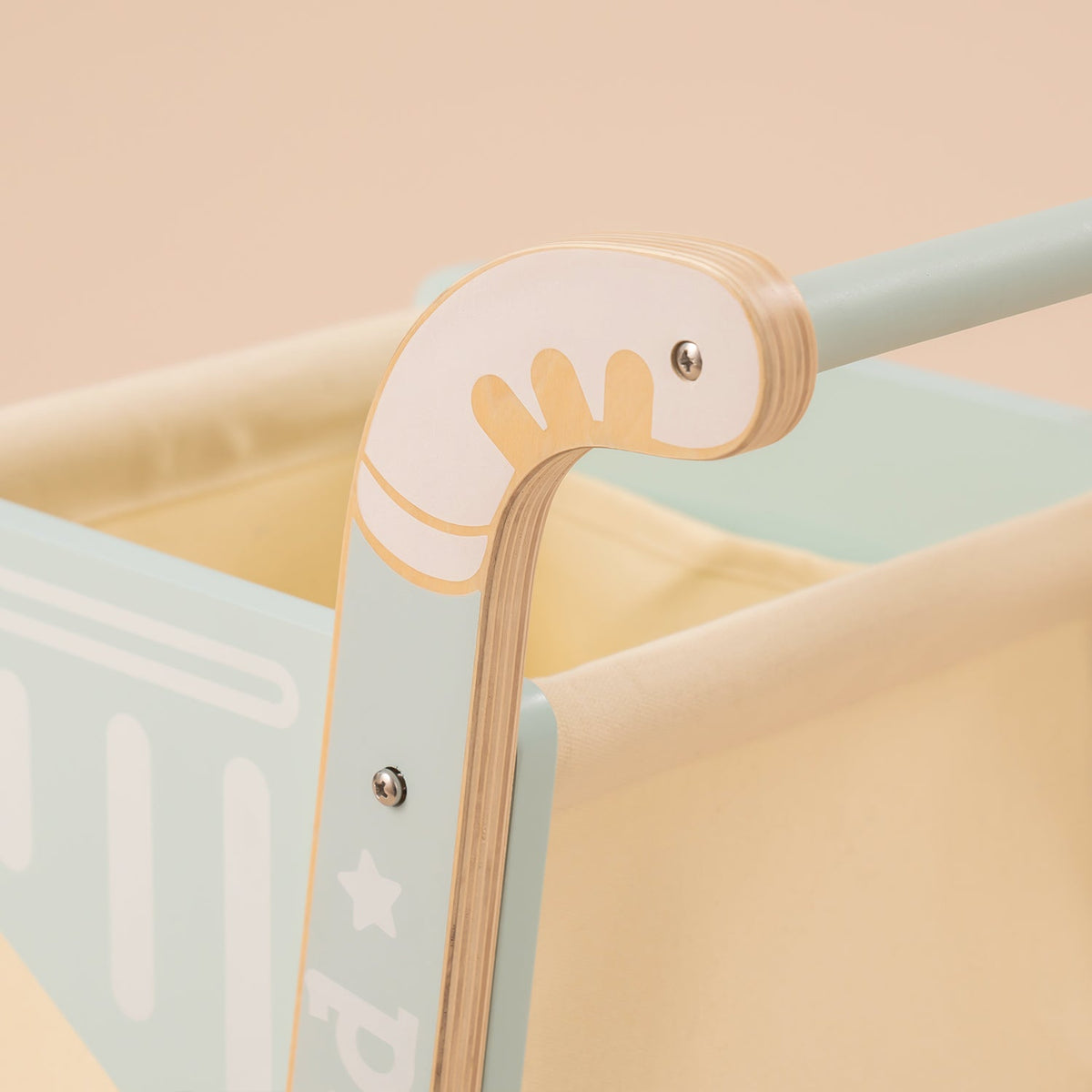 ROBUD wooden baby push walker WRP02 handle close-up showing carved rabbit motif in natural wood on mint green background