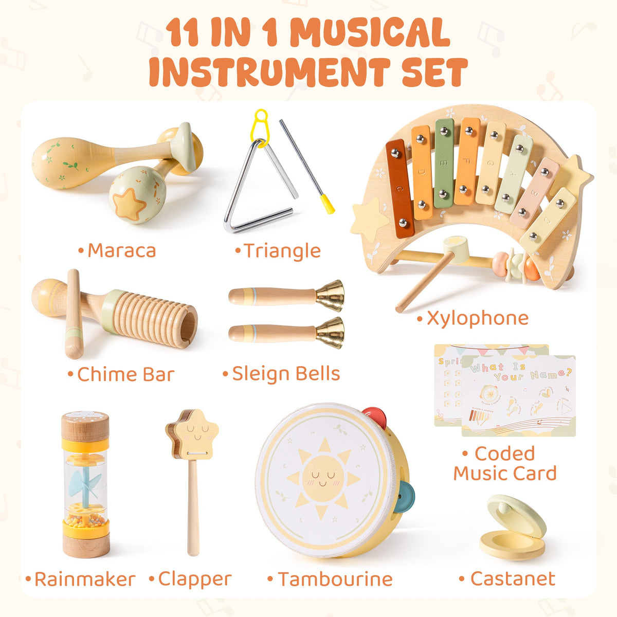 ROBUD Moonlight Music Set flat lay showing 11 wooden instruments including xylophone, tambourine, triangle, maracas and coded music card