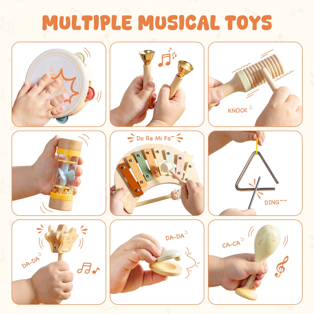 ROBUD Moonlight Music Set collage of hands playing maracas, xylophone, triangle, tambourine and clapper musical instruments