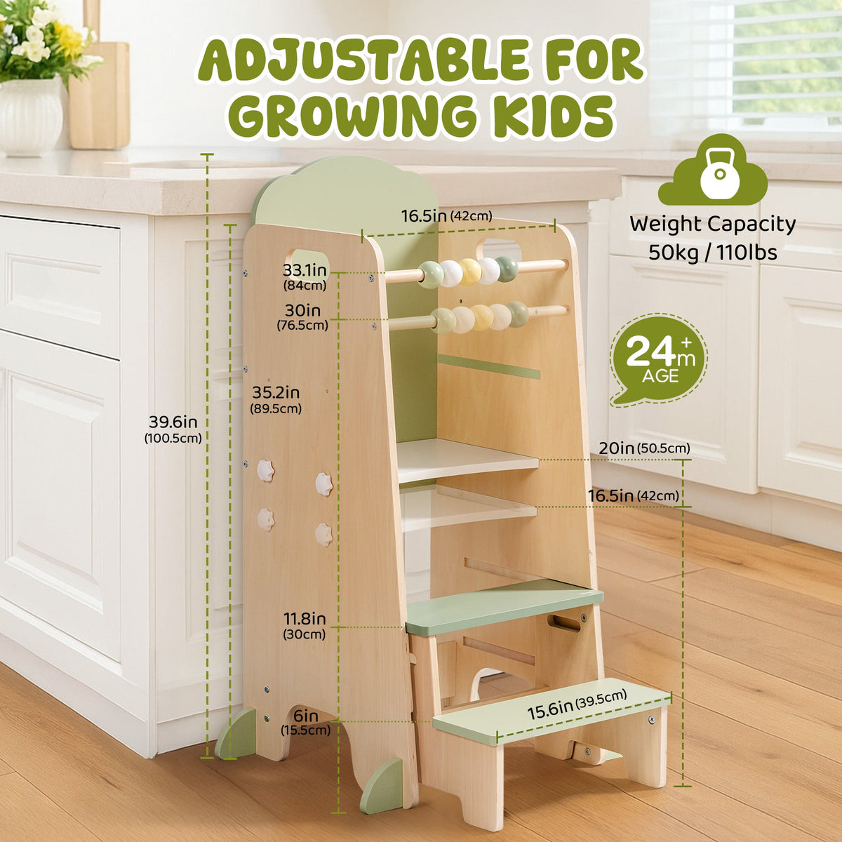 ROBUD Toddler Standing Tower green accent model folded flat and upright showing safety foot installation instructions on white background