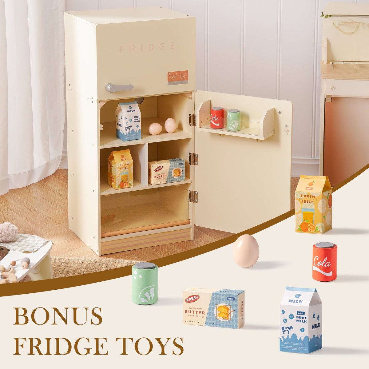 ROBUD creamy wooden play fridge open in a styled room showing interior shelves with milk cartons, eggs, butter, juice boxes, and cola cans on door, bonus fridge toys labelled