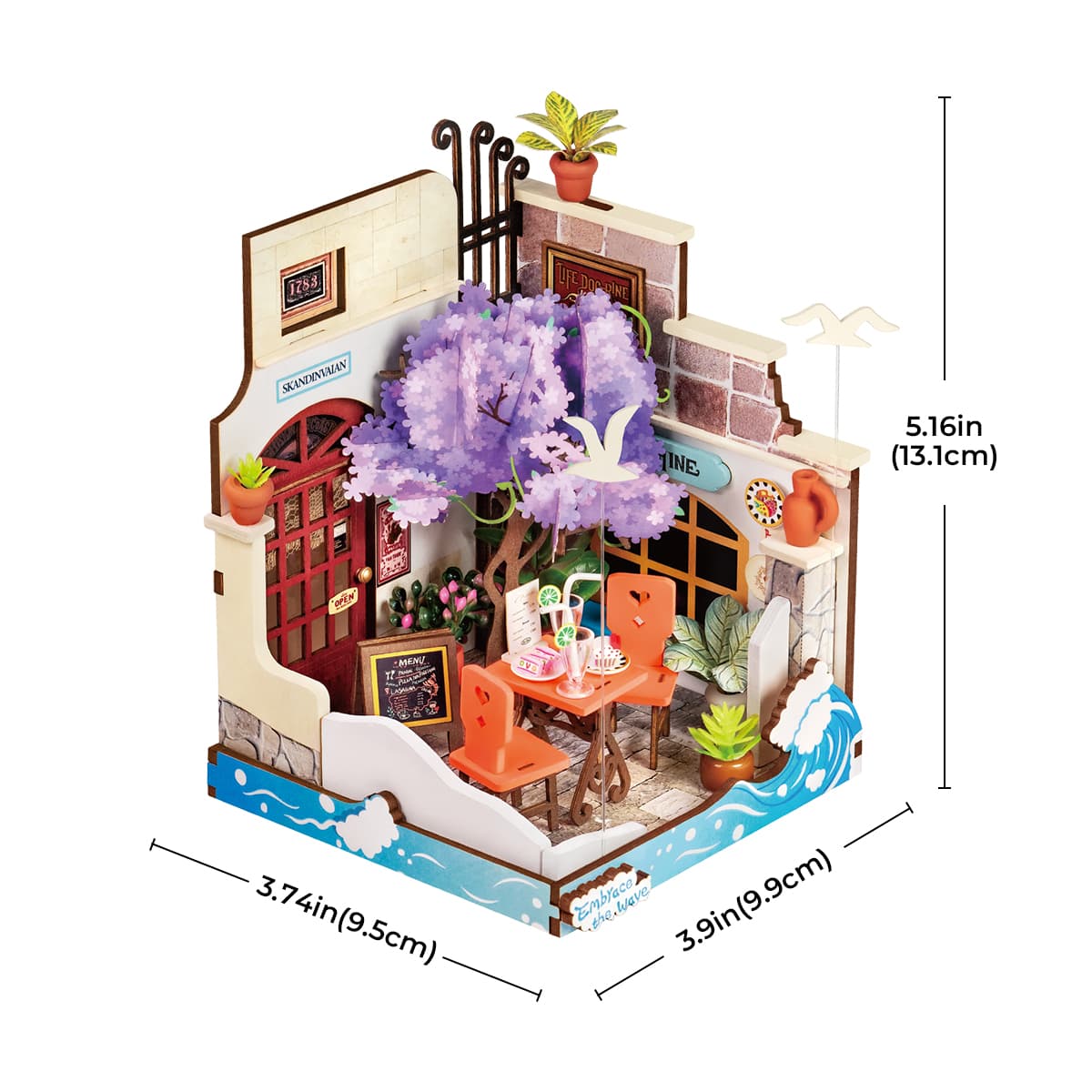 Rolife Little and Warm Space miniature book nook with purple tree, cozy café interior and dimension labels