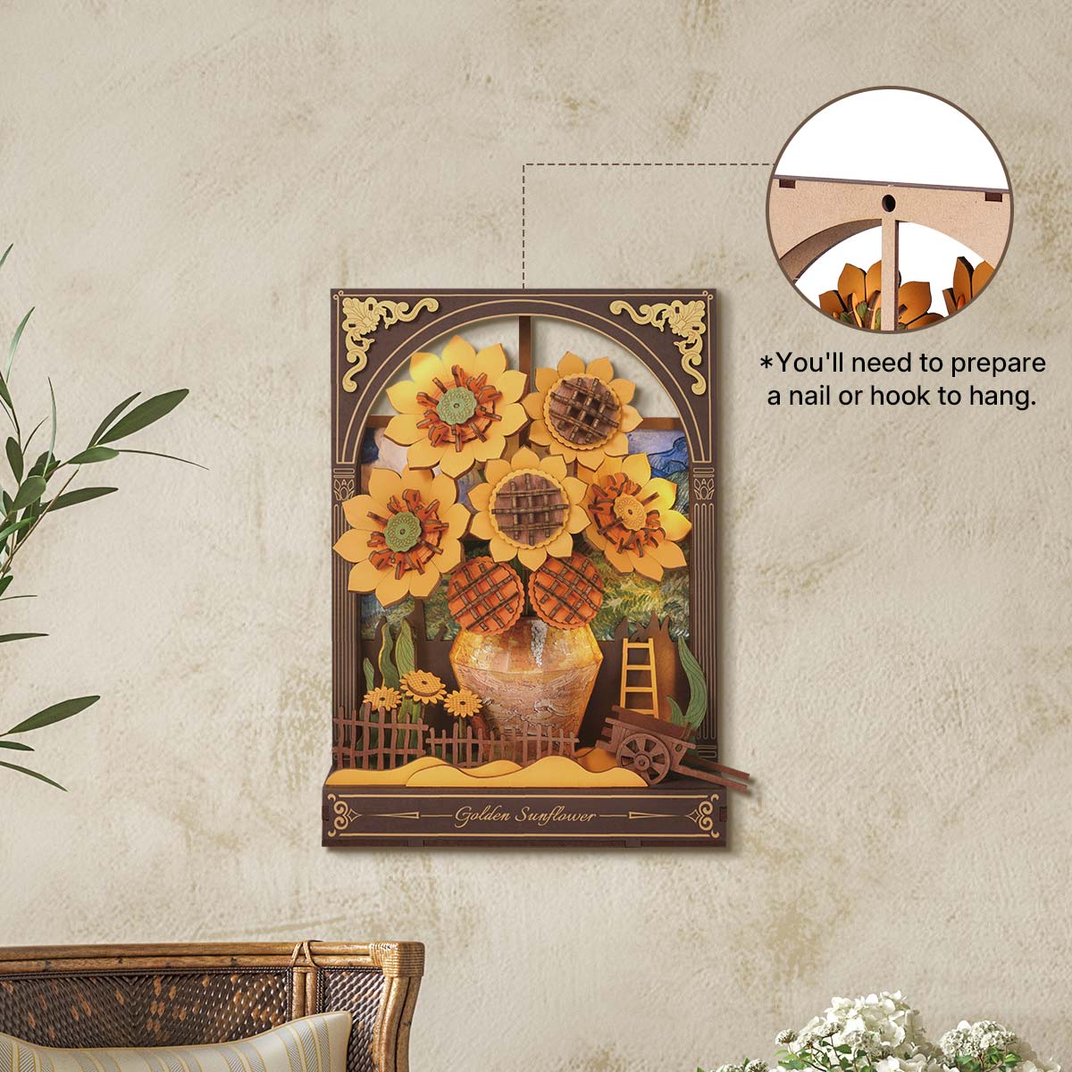 Rowood Golden Sunflower Wall Art 3D Wooden Puzzle TH002, 3D wooden wall art puzzle, close-up detail