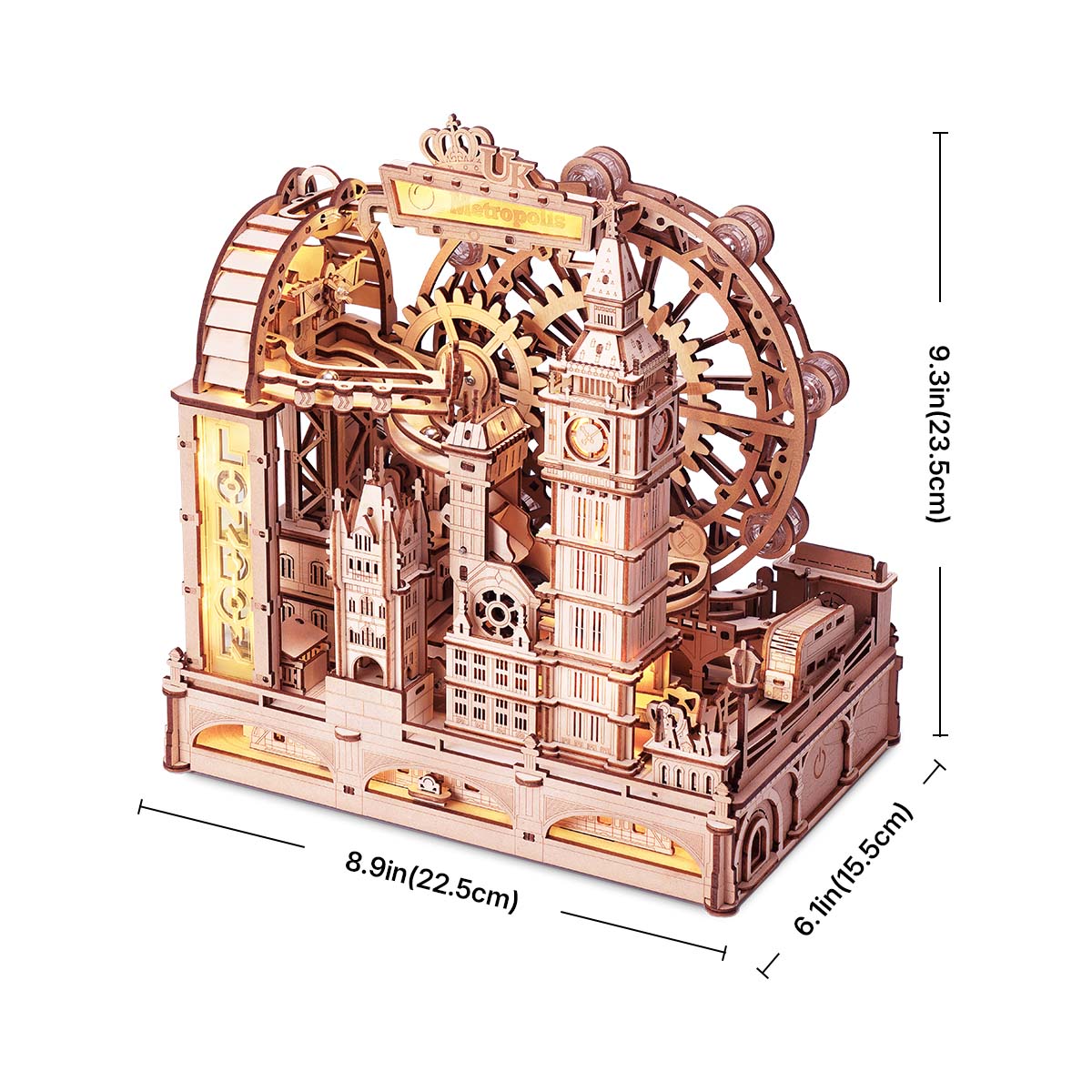 ROKR Marble Travel • London Wooden 3D wooden marble run, angled view EGB01
