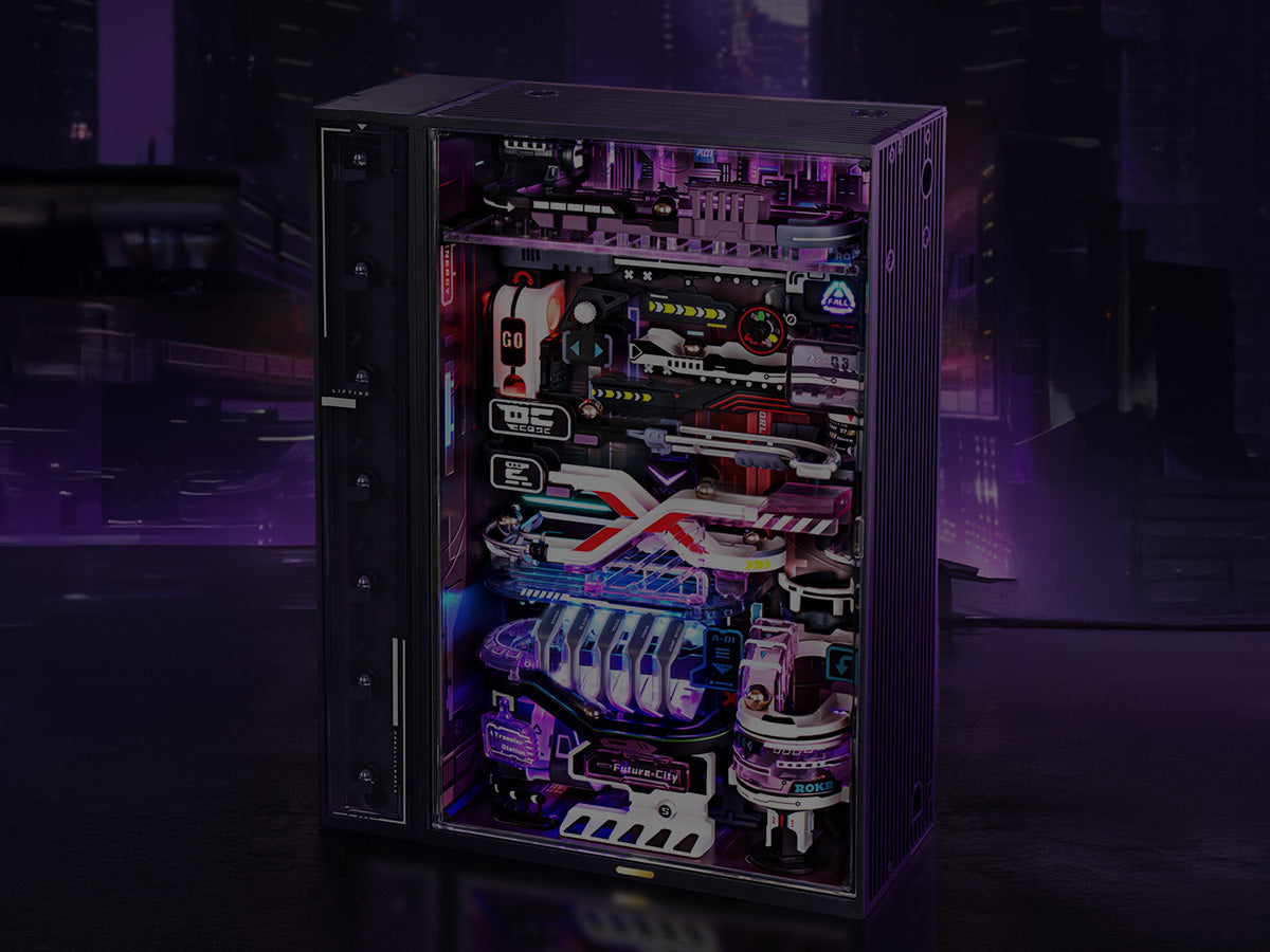 ROKR cyberpunk-style PC tower book nook with illuminated neon purple interior featuring futuristic miniature circuitry and the Future City label against a dark cityscape background