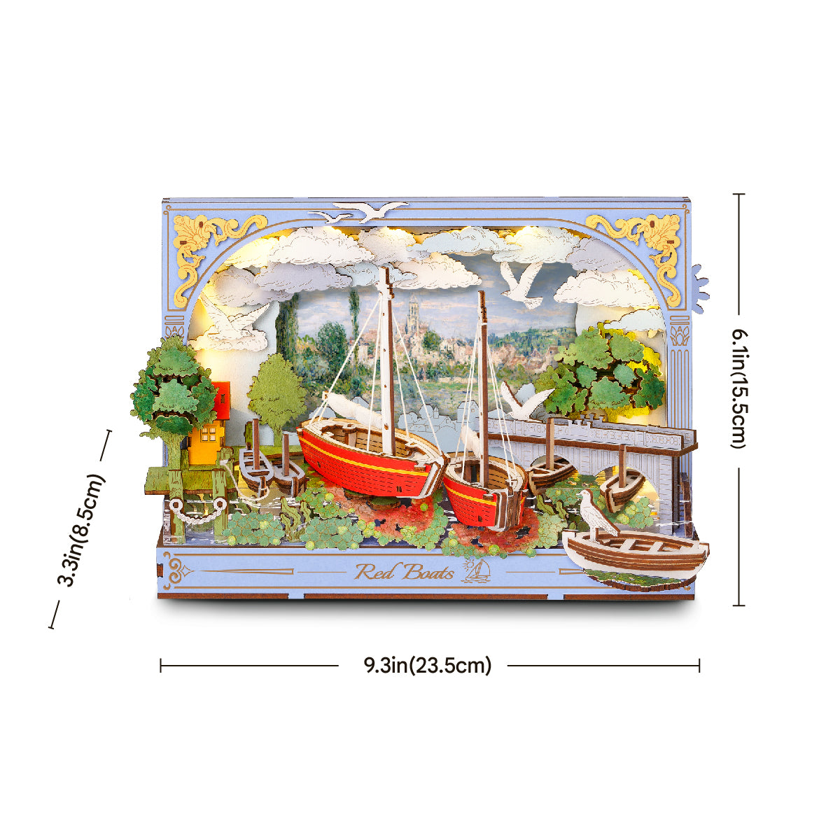 Rolife Red Boats 3D art frame side view with dimensions labeled 9.3 by 6.5 by 4.5 inches on white background