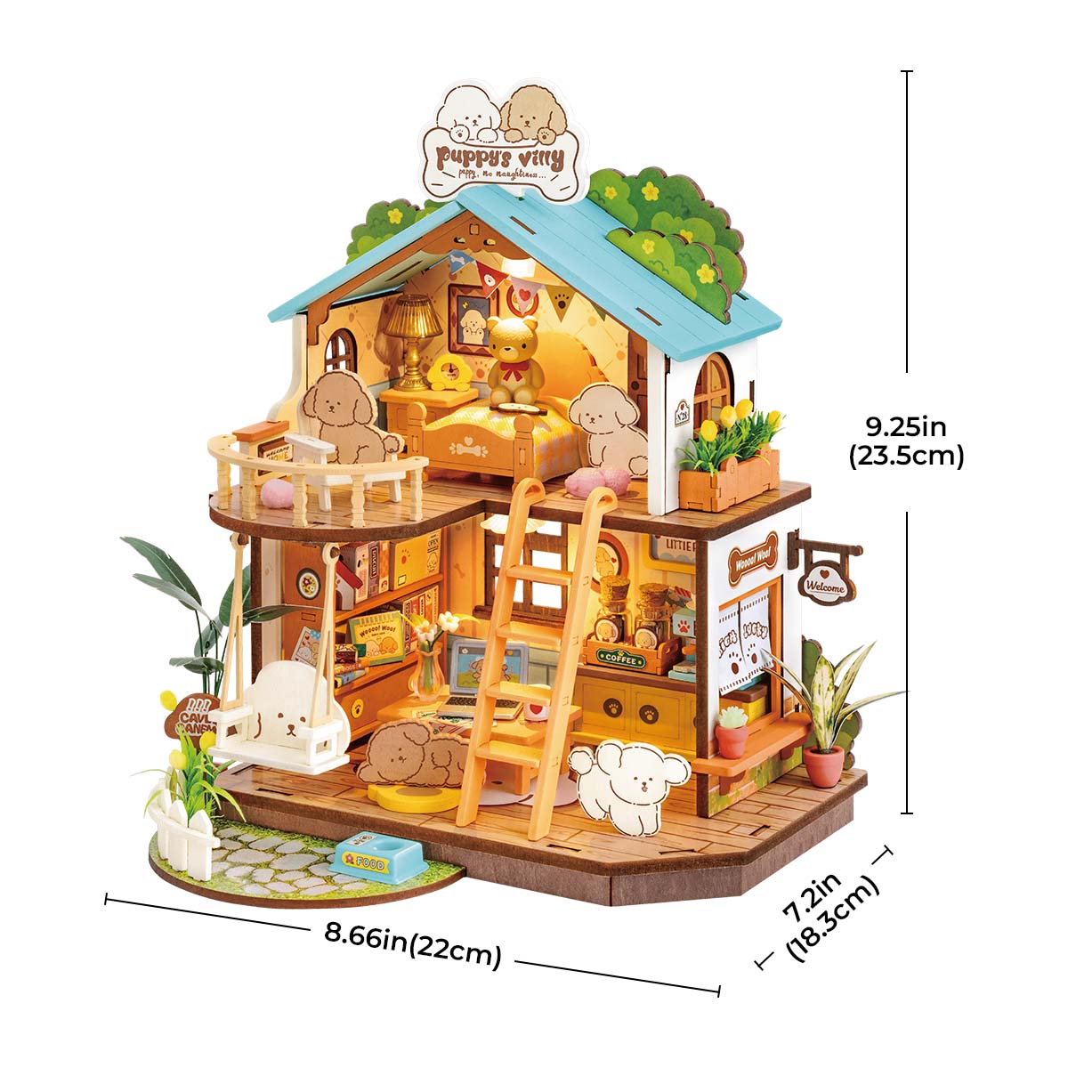 Rolife Puppy Cozy Villa DIY miniature house with warm lighting, green roof balcony and dimension labels on white background