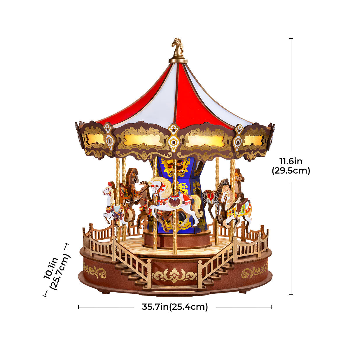 Rolife Classic Carousel AMC01 dimension diagram showing 35.7in wide and 11.6in tall measurements labeled in English and metric