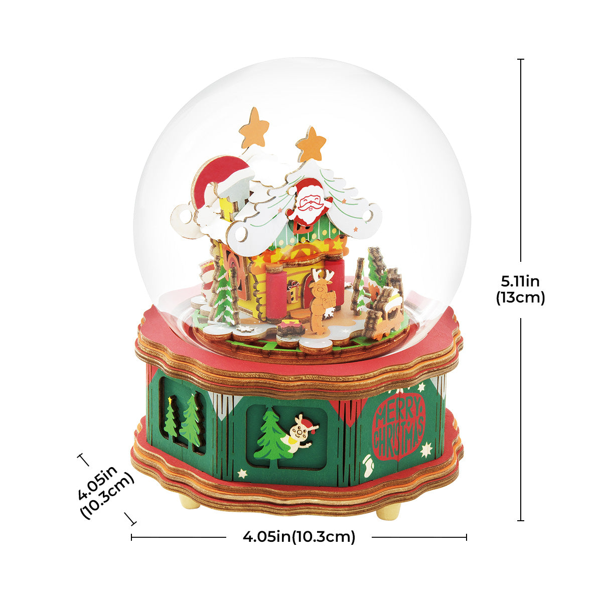 Rolife Christmas town music box in a clear globe with size measurements on white.