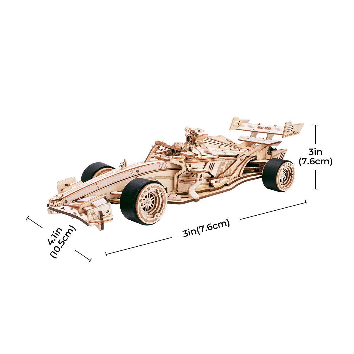 ROKR racing car model shown with measurement callouts on a white background.