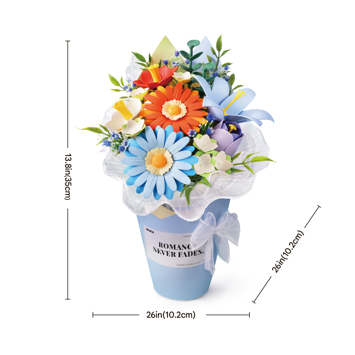 Rolife Romance Never Fades blue daisy bouquet in pale blue bucket pot with dimension markings showing 26cm width and 33cm height
