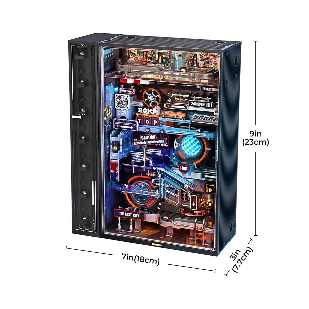 ROKR Last City marble run cabinet with colorful mechanical details and size callouts.