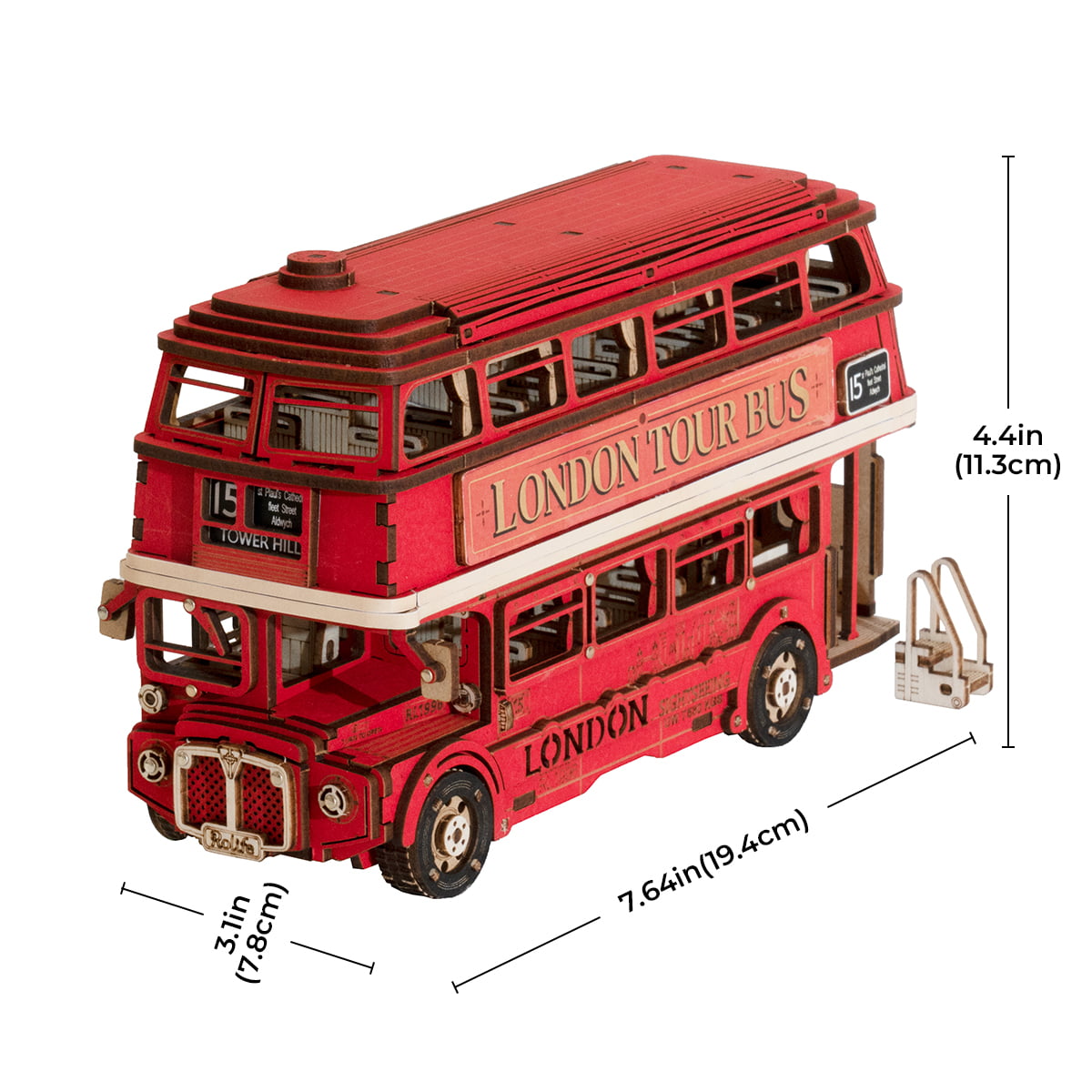 Rolife London Tour Bus 3D wooden puzzle dimension diagram with 7.64 by 3.1 by 4.4 inch measurements labeled