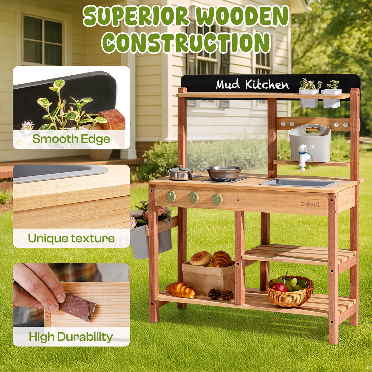 ROBUD outdoor mud kitchen superior wooden construction detail showing smooth edge, unique wood grain texture and high durability with Mud Kitchen chalkboard label
