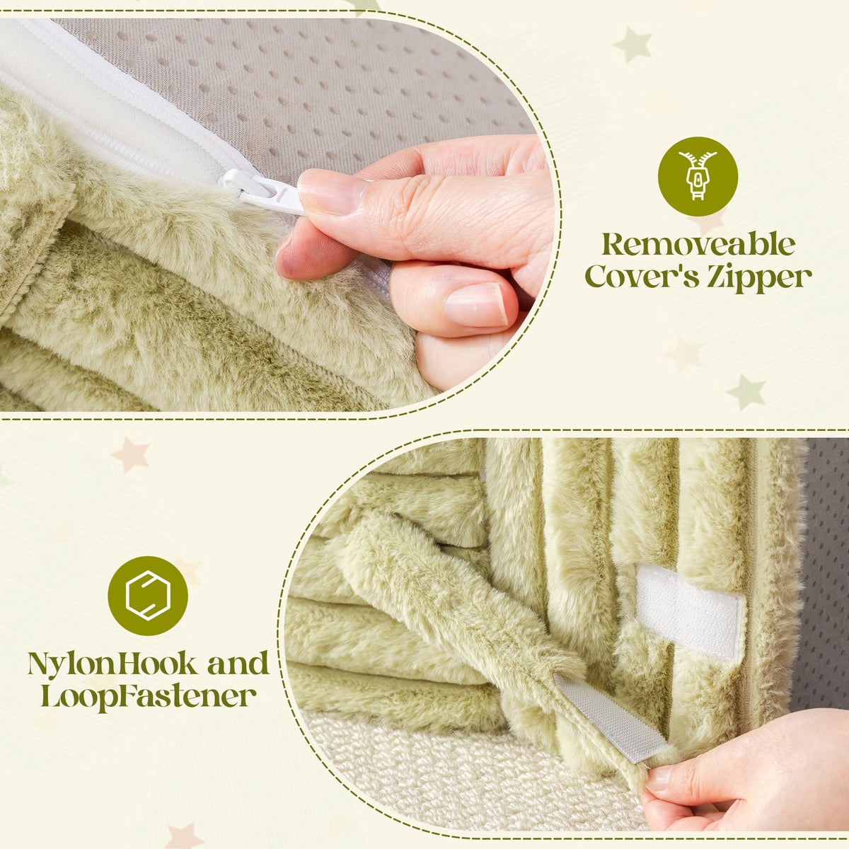 ROBUD children's sofa cover feature showing a removable zipper cover and nylon hook-and-loop fastener for easy washing.