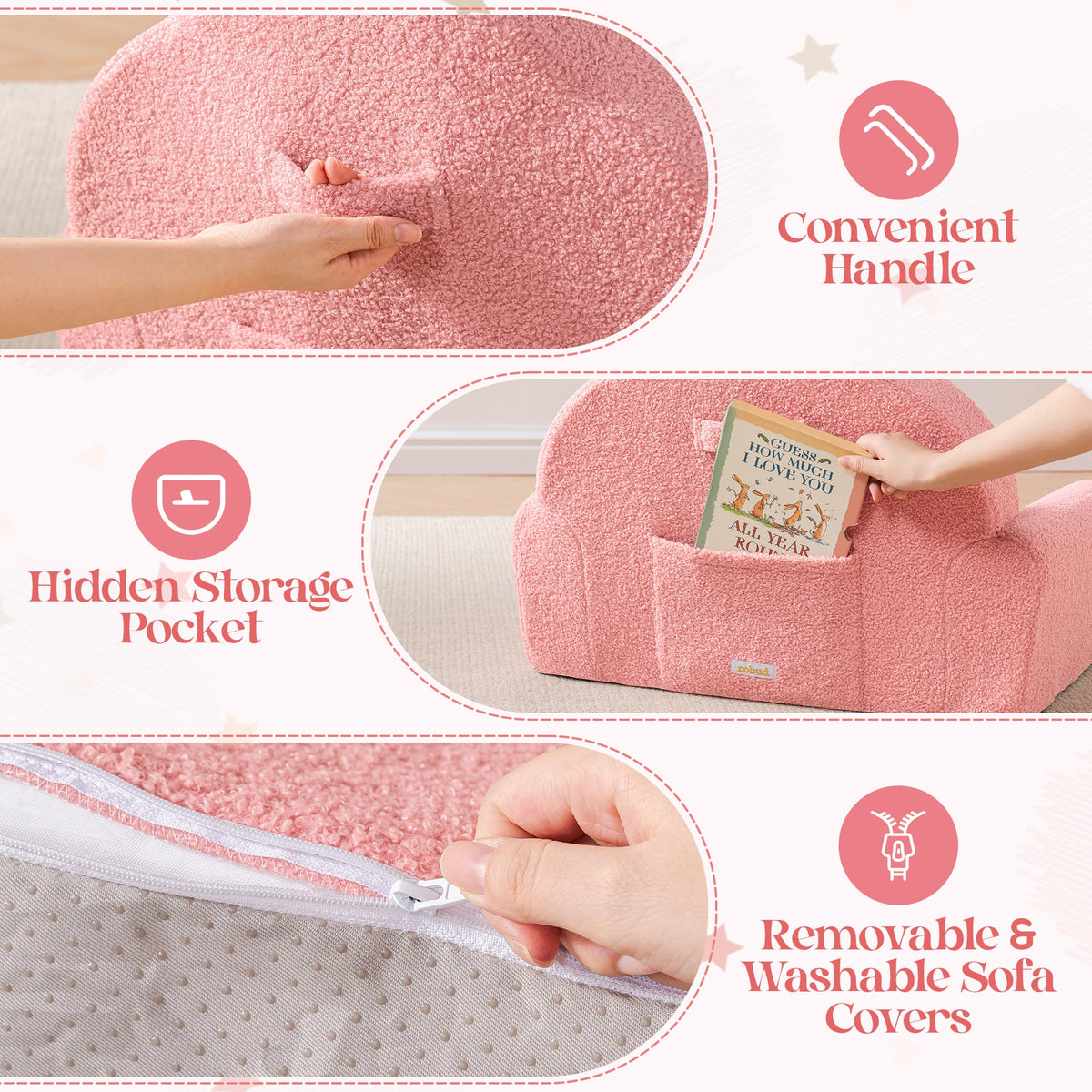 ROBUD Children's pink sofa feature card showing convenient handle, hidden storage pocket and removable washable cover