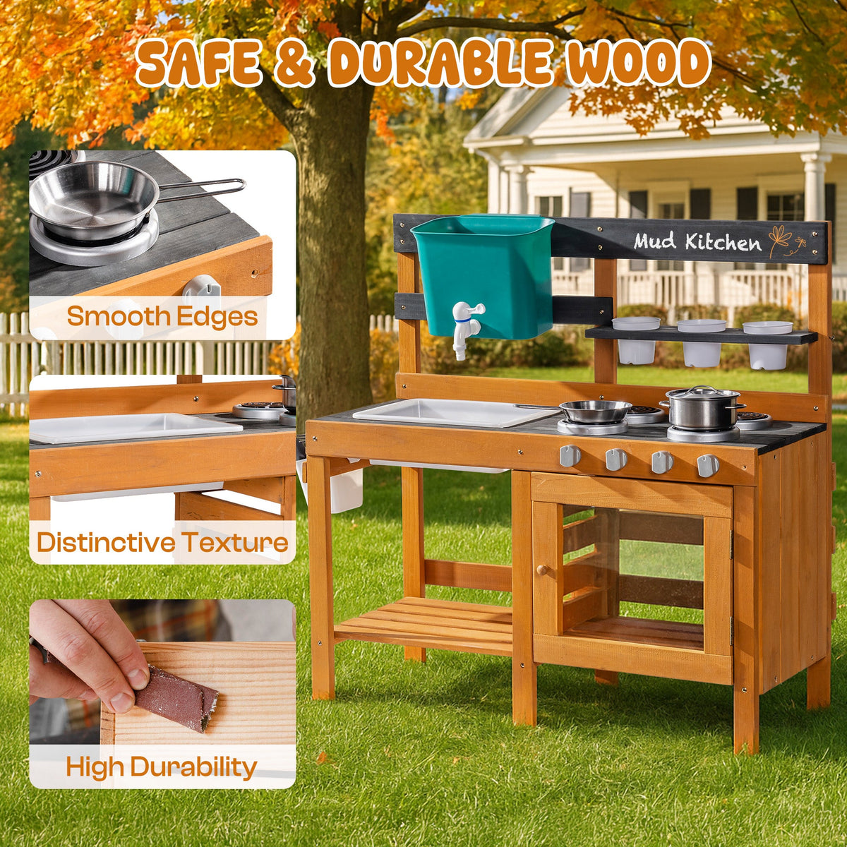 ROBUD Outdoor Mud Kitchen safe and durable wood detail showing smooth edges, distinctive wood texture and high durability honey-toned natural timber frame