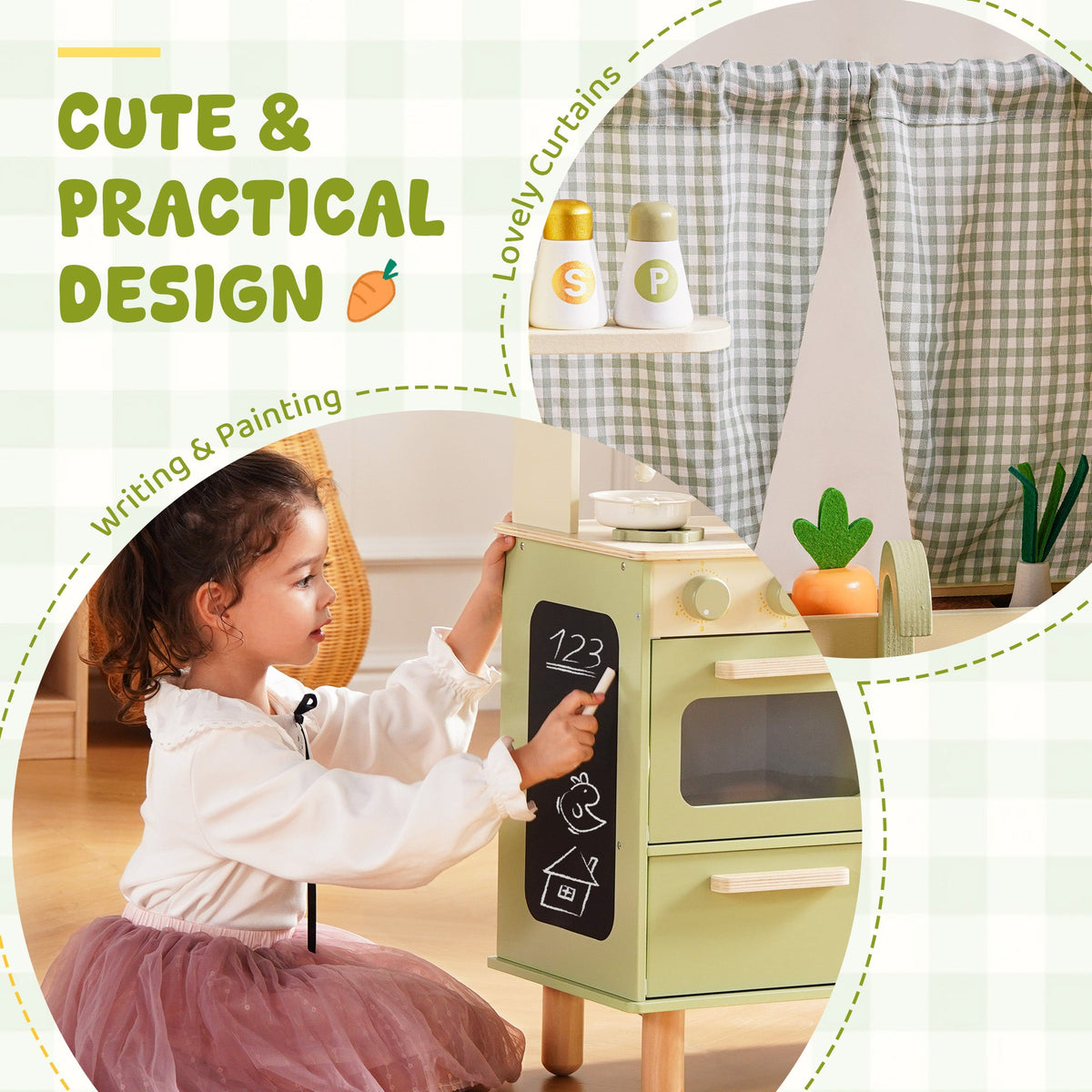 Girl draws on the chalkboard door panel of the ROBUD sage green wooden play kitchen with gingham curtain backdrop.