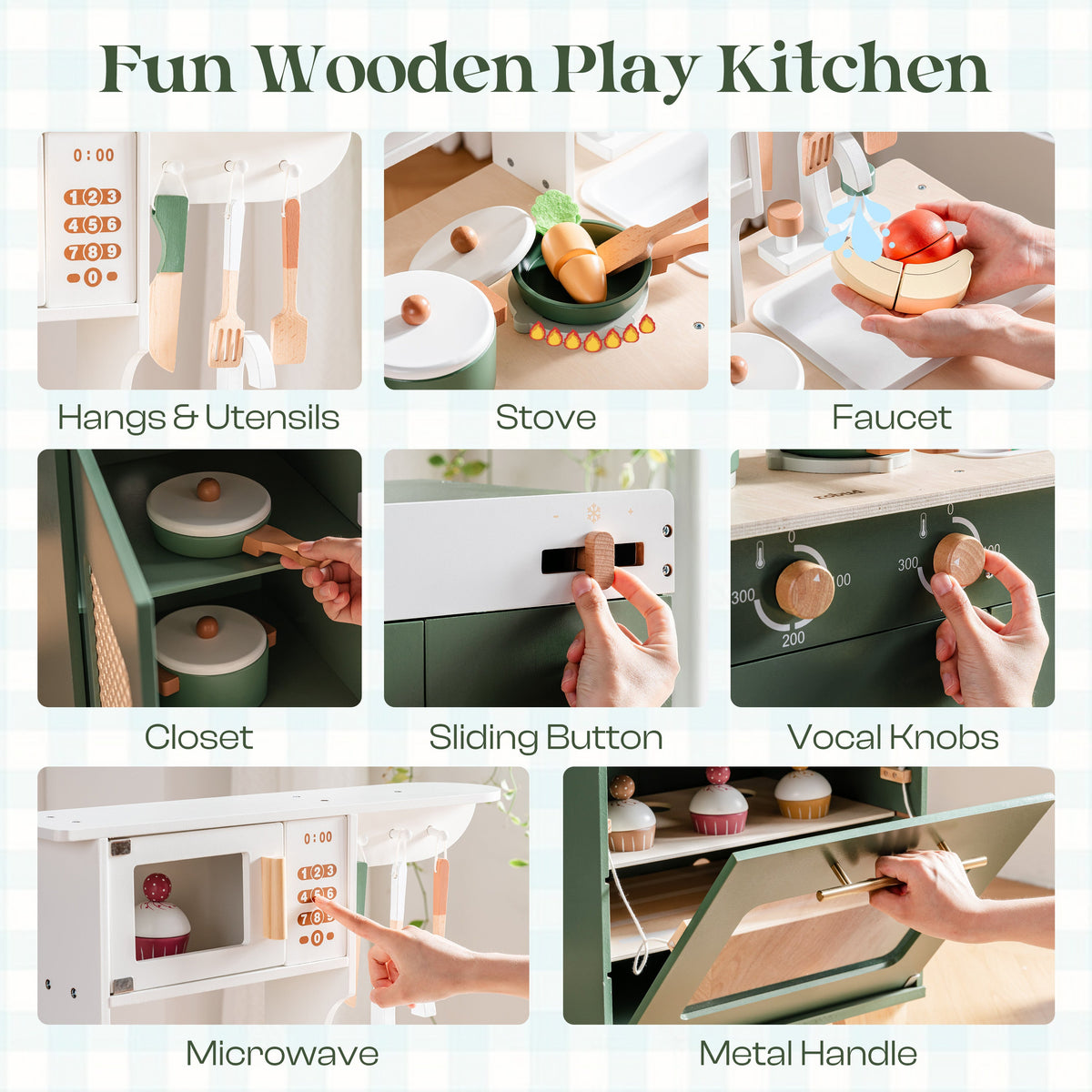 ROBUD vintage green play kitchen feature callout grid showing hangs and utensils, stove, faucet, closet, sliding button, vocal knobs, microwave, and metal handle