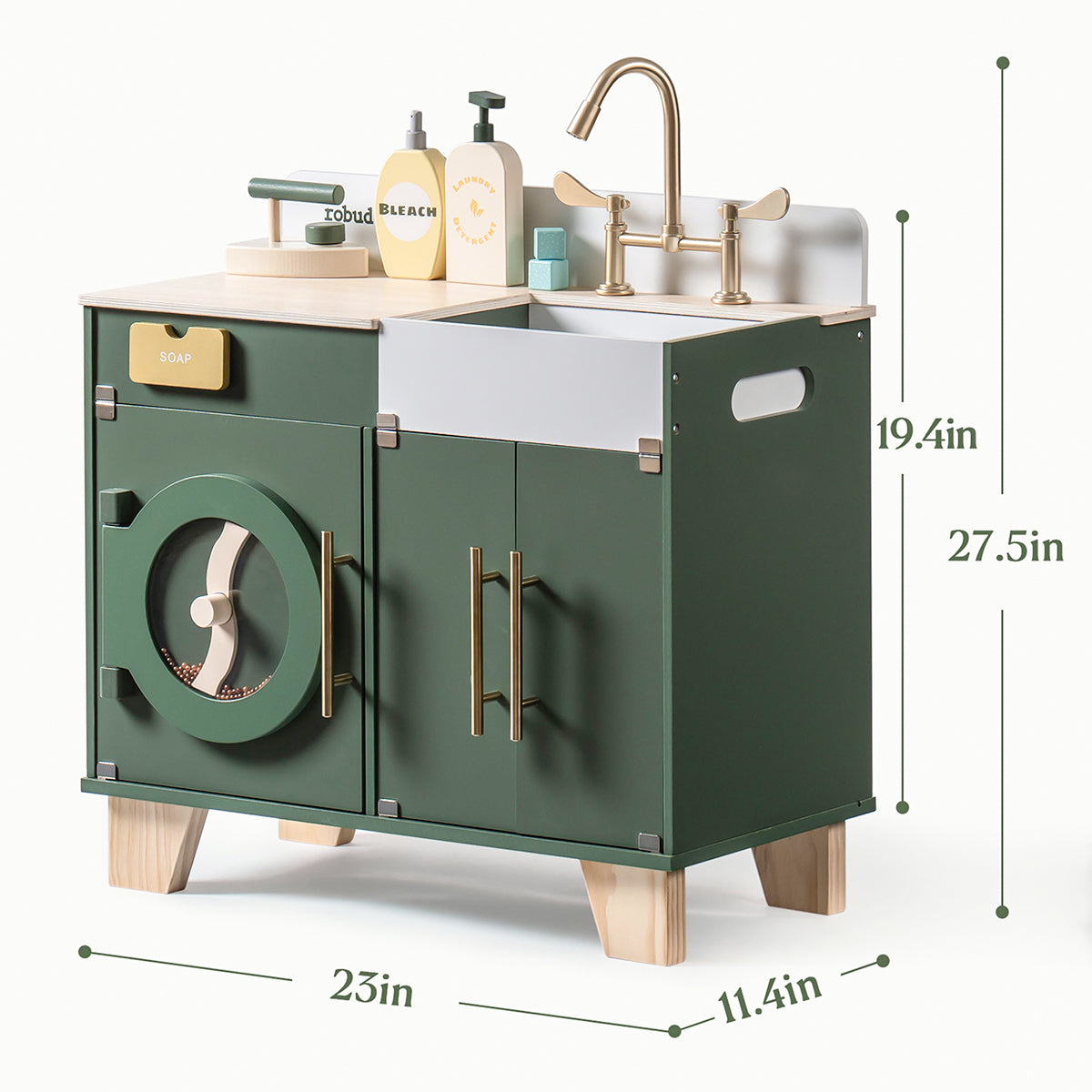 ROBUD green laundry and sink play unit with labeled dimensions 25 in wide, 11.4 in deep, 27.5 in tall.