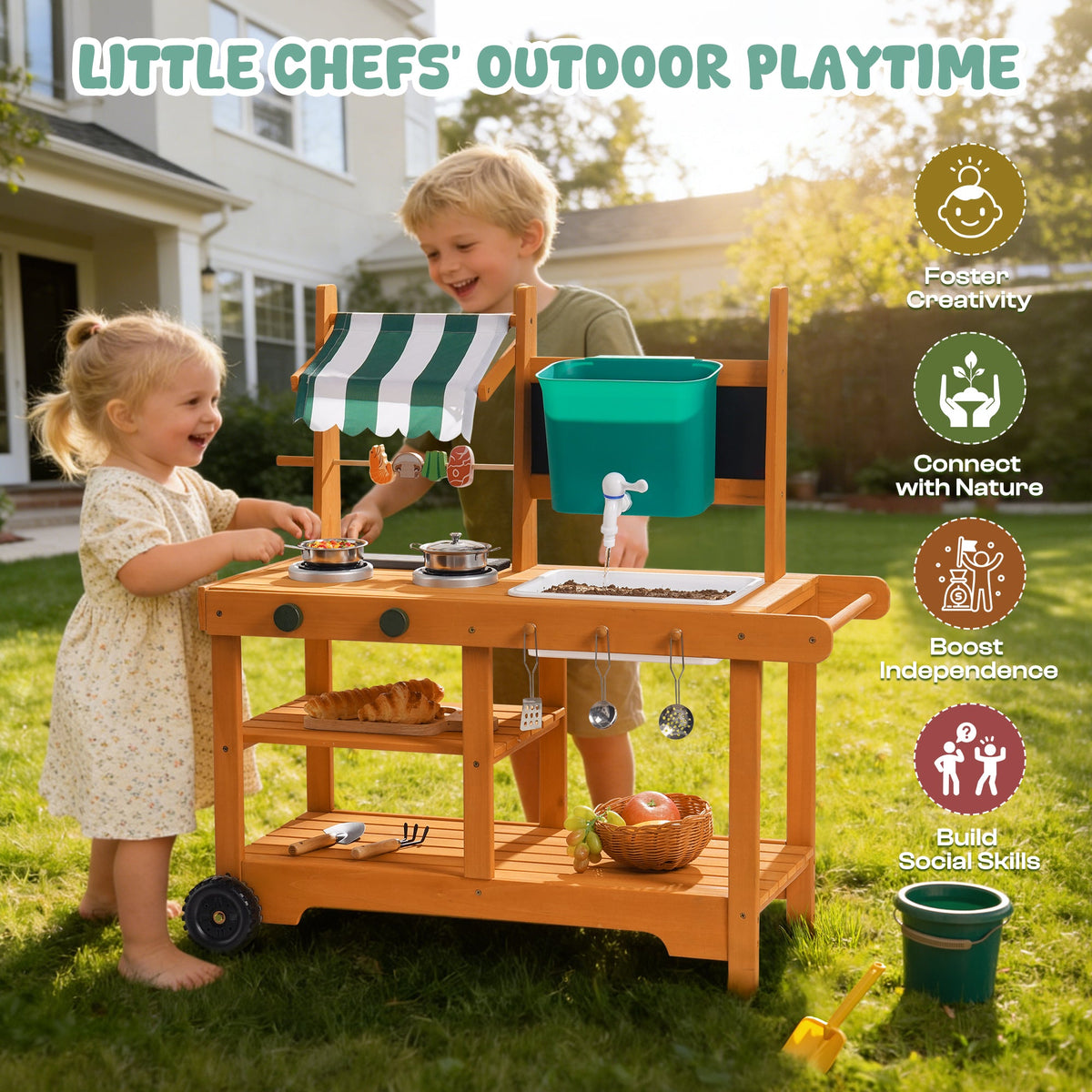 ROBUD wheeled outdoor mud kitchen usage scenarios showing indoor living space, courtyard, lawn, and terrace placements side by side