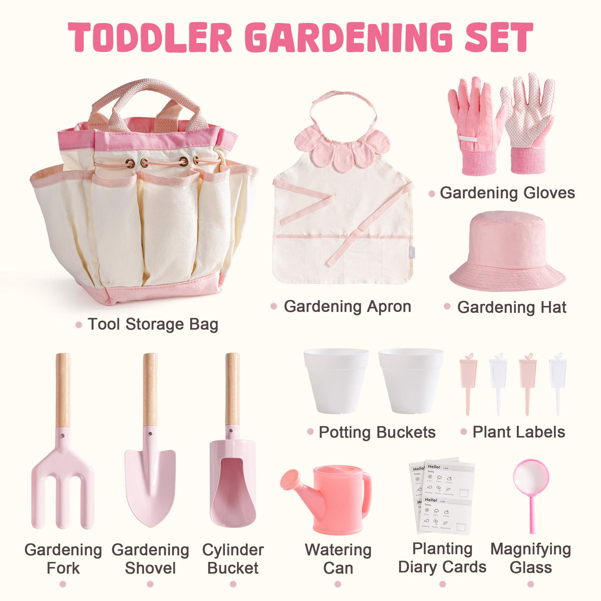 Girl in pink hat outdoors with ROBUD Kids Gardening Set pink series activity diagram showing planting, watering and labeling steps