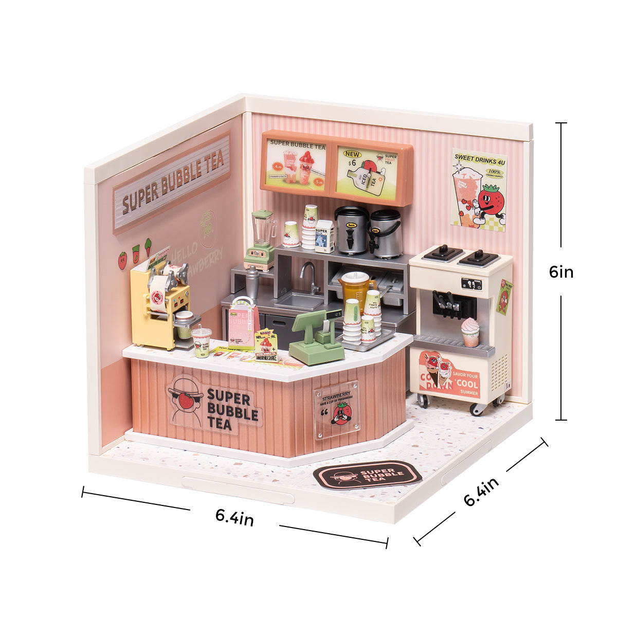 Rolife Super Creator Double Joy Bubble Tea DW006 DIY book nook miniature kit, back view highlighting structural detail