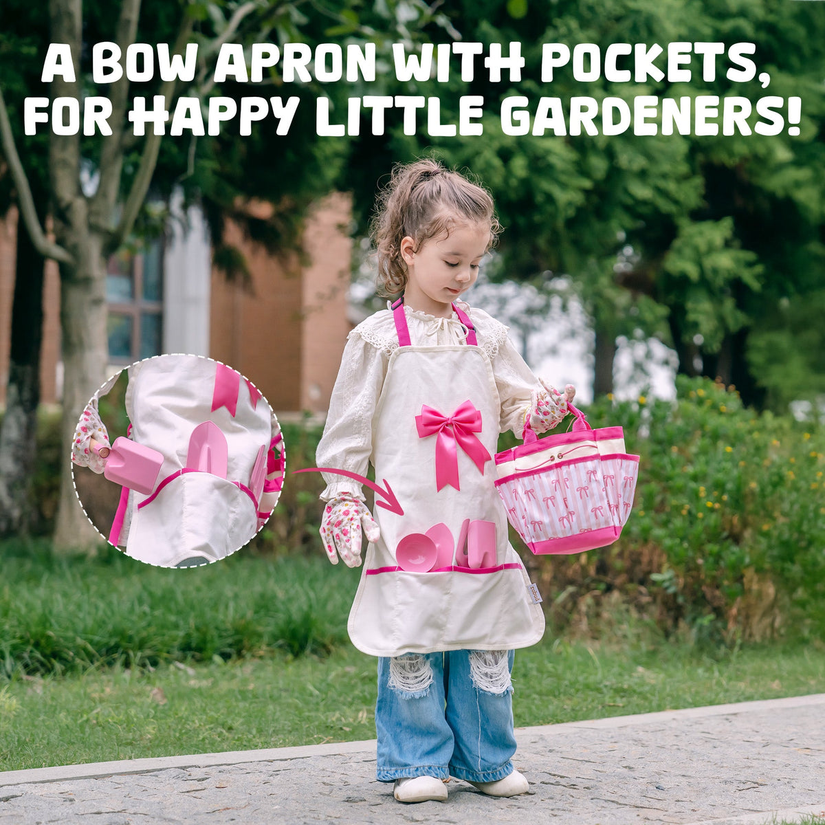 ROBUD Bow Gardening Set featuring a bow apron with pockets and pink gardening basket shown on a young girl outdoors