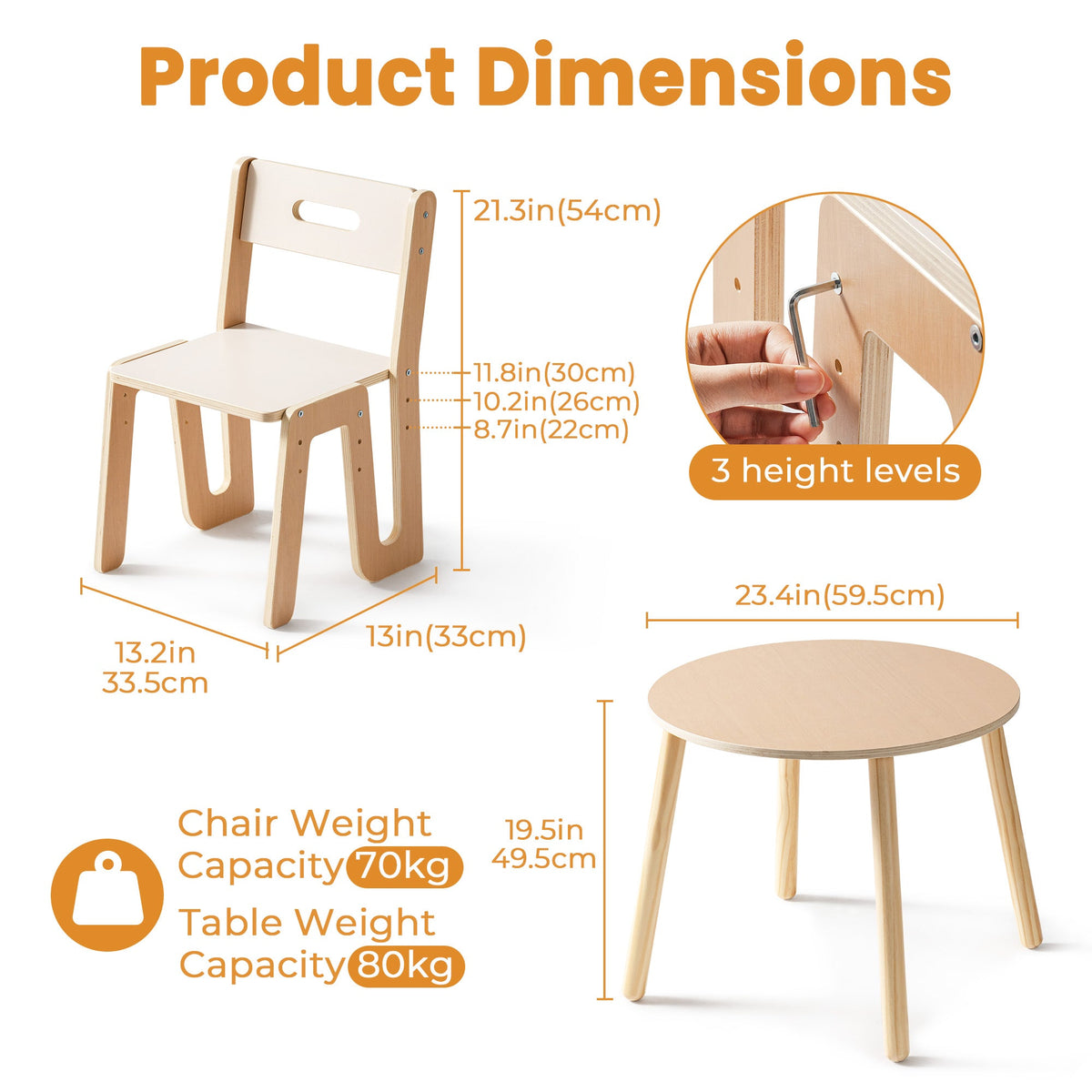 ROBUD Kids Chair and Table Set dimensions diagram showing 54 cm table diameter and three adjustable chair height levels.