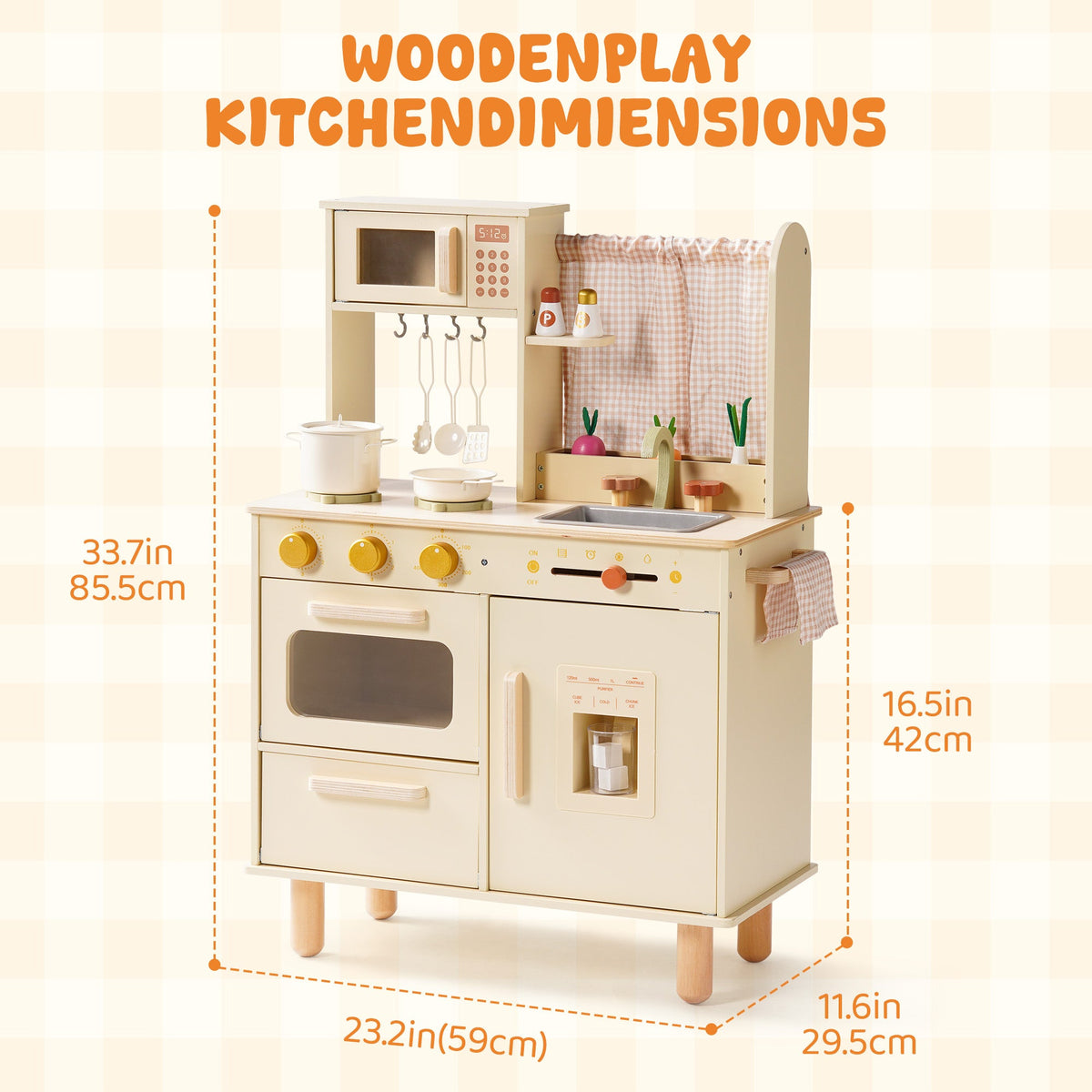 ROBUD cream wooden play kitchen dimensions diagram: 33.7 in tall, 23.2 in wide, and 16.5 in side depth.