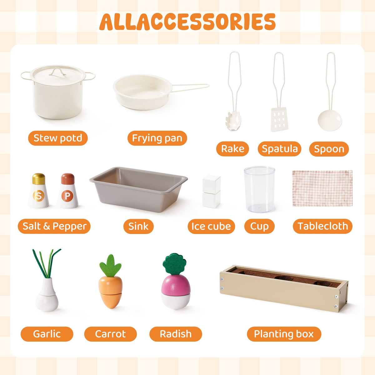 All accessories for the ROBUD cream wooden play kitchen: stew pot, frying pan, spatula, spoon, vegetables, planting box.
