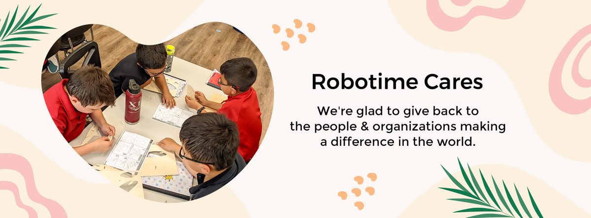 Robotime Cares community banner on a cream background with a children crafting scene and mission statement