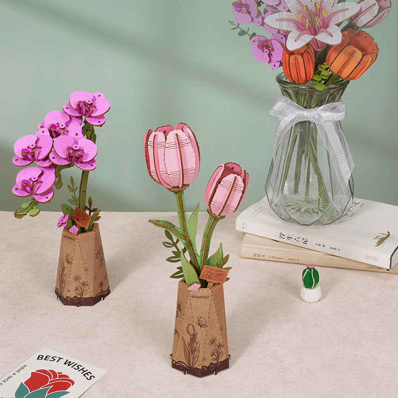 Rowood Purple Moth Orchid DIY Flower 3D Wooden Puzzle TW091, 3D wooden DIY flower puzzle, close-up detail