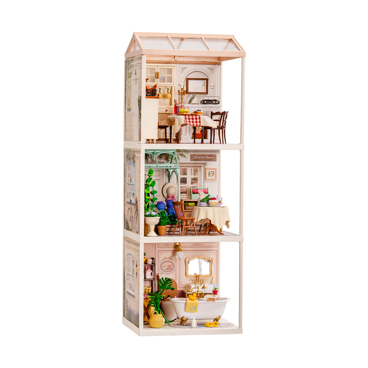 Rolife Super Creator 3 in 1 I Shape DIY miniature dollhouse kit, close-up of intricate laser-cut parts