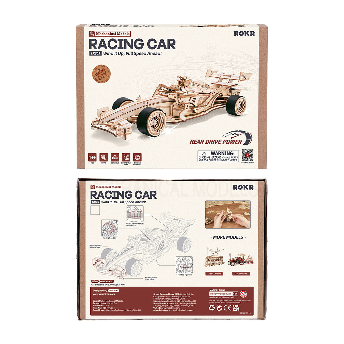ROKR racing car kit box front and back displayed with diagrams and product details.