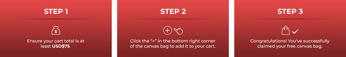 Red three panel sale guide with step numbers and simple white line icons.